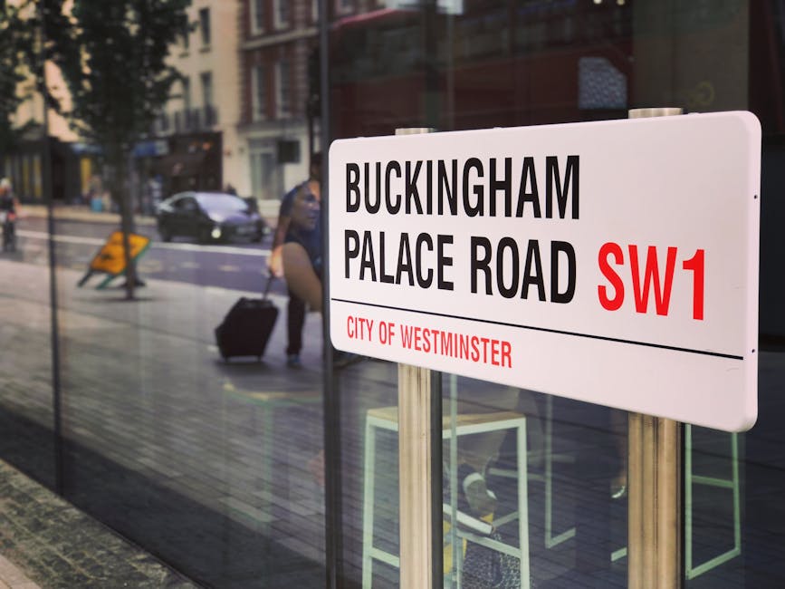 A close-up of a white London street sign for Buckingham Palace Road SW1, mounted on two metal posts, with bold black and red lettering indicating the street name and district. Behind the sign, a refle